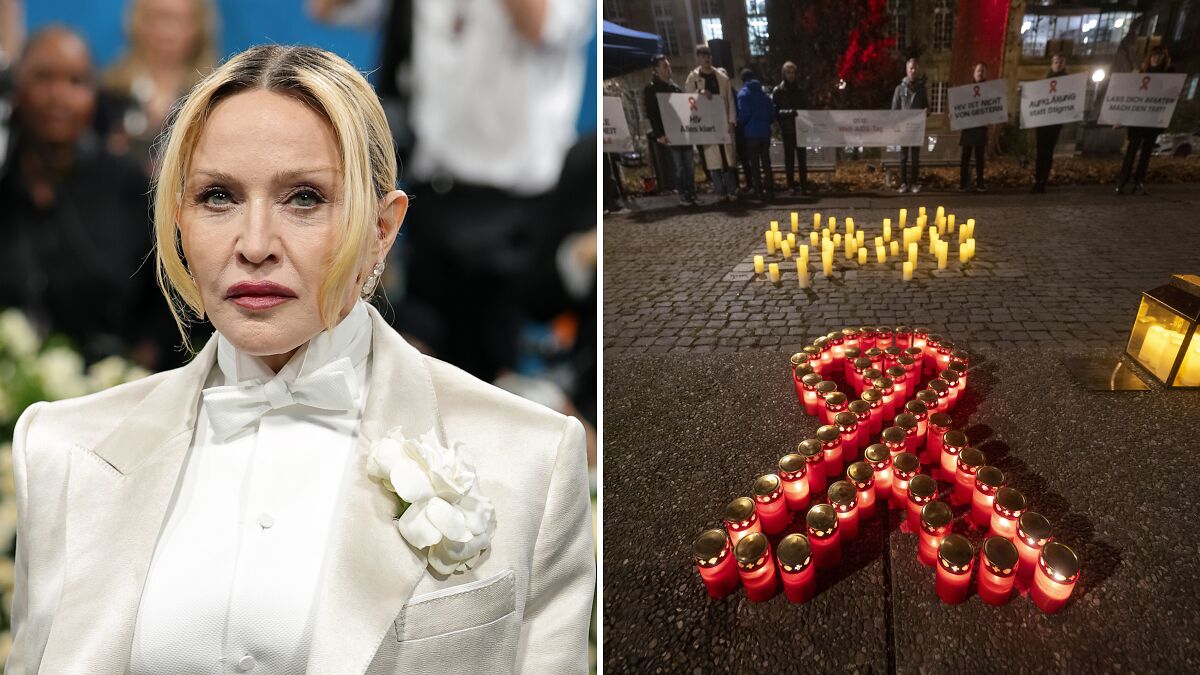 Madonna wearing white suit at event, alongside a candlelight World AIDS Day commemoration with red ribbon candles and protest signs.