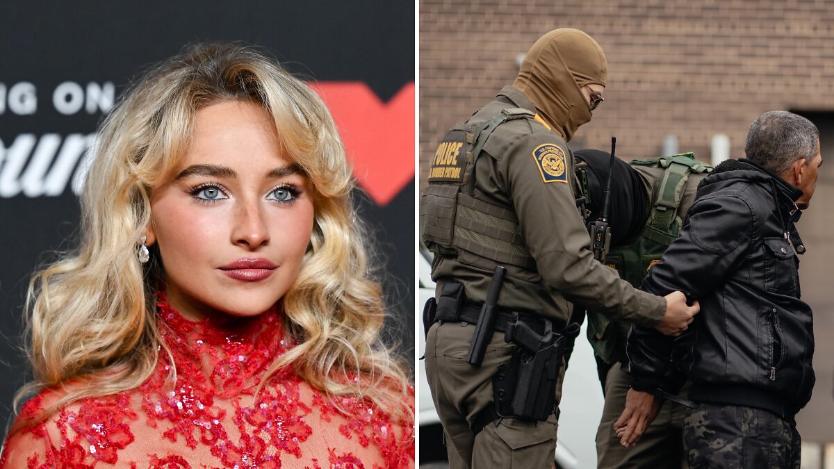 Sabrina Carpenter giving a response as ICE officers detain a man in an anti-immigration context.
