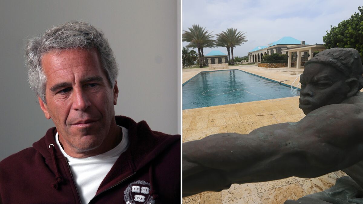 Jeffrey Epstein in a burgundy hoodie alongside spooky island photos linked to Democrats teasing bank records dump.