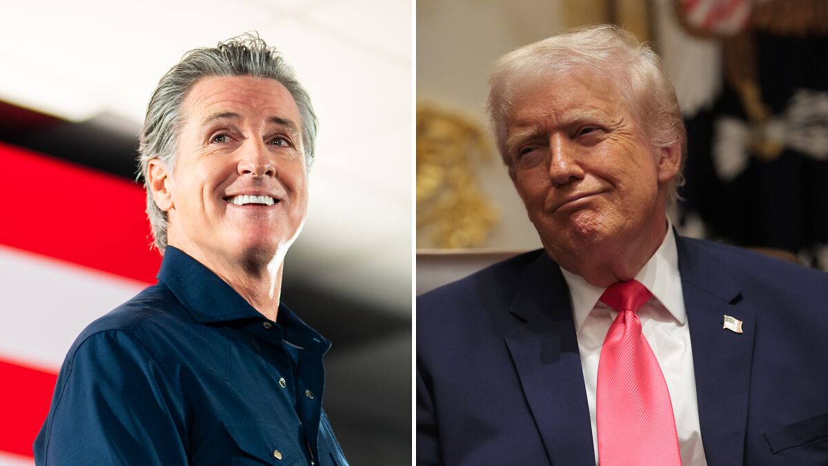 Split image showing Gavin Newsom smiling in a dark shirt and Donald Trump in a suit with a pink tie, related to exceptional bone density.