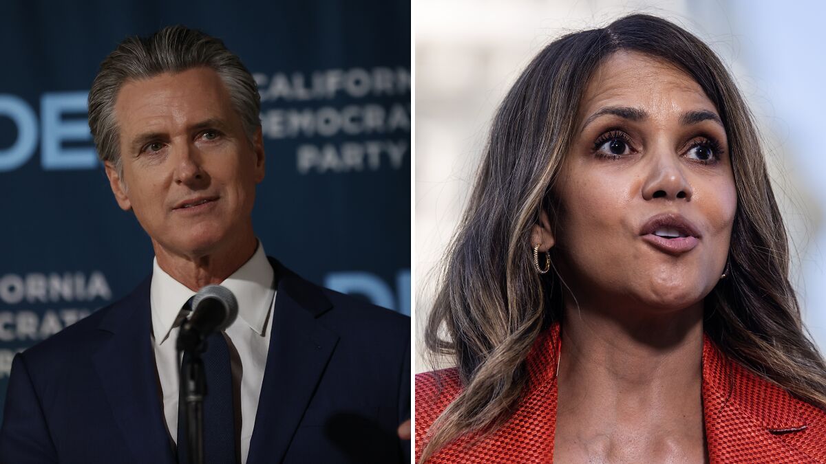 Gavin Newsom speaking at a podium and Halle Berry in red jacket addressing an audience on women accusation.