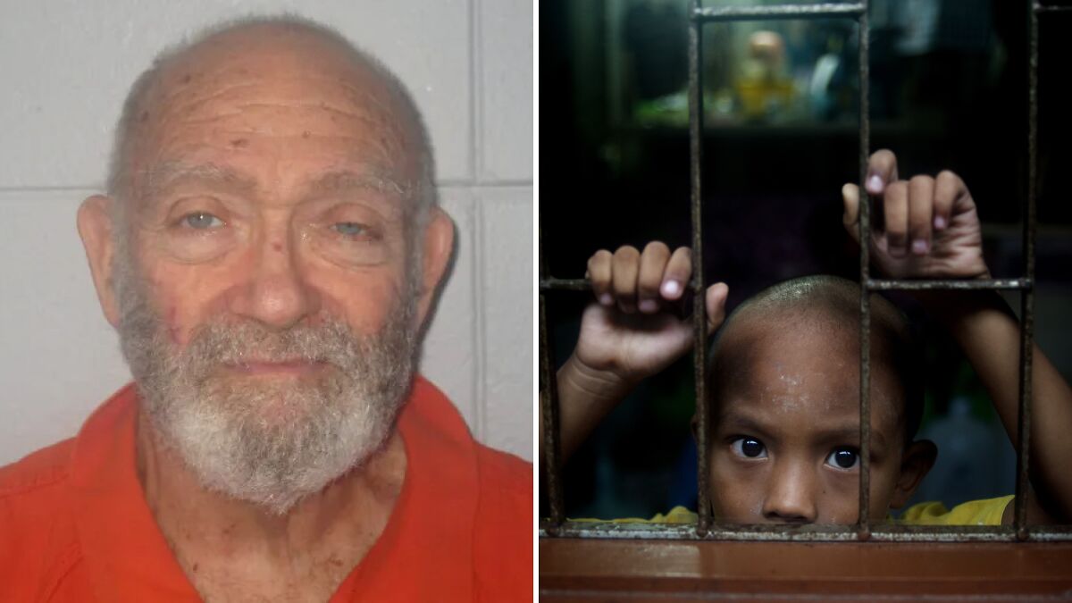 73-year-old man in mugshot next to child looking through bars, highlighting disturbing offer at auction house visit.