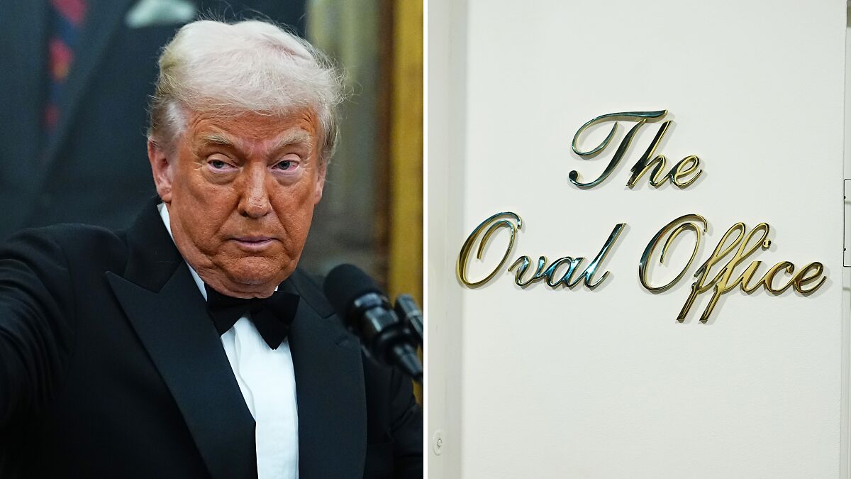 Donald Trump in a tuxedo at a podium next to a door sign reading The Oval Office during White House renovation updates.