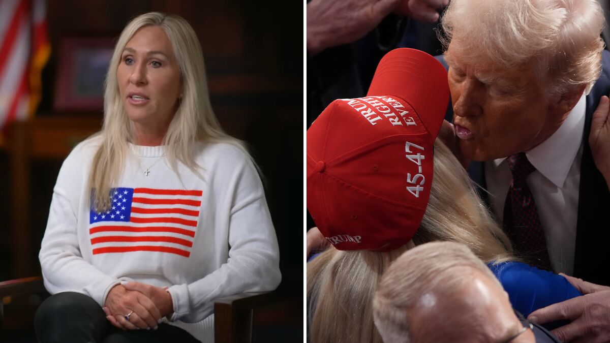 Marjorie Taylor Greene discussing Republicans and Trump during a tense 60 Minutes interview and public event interaction.