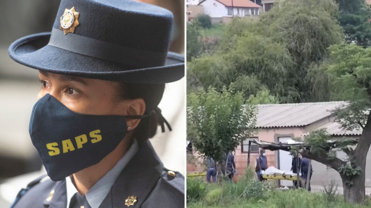 South African police officer in uniform and mask, with officers carrying a stretcher outside a house after fatal mass shooting.