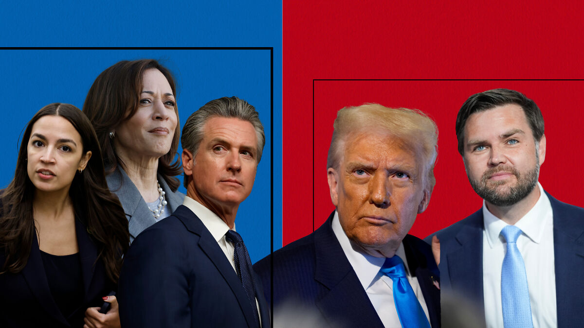 Group of politicians including key Democratic contenders for 2028 presidential election and Republican figures against red and blue backgrounds