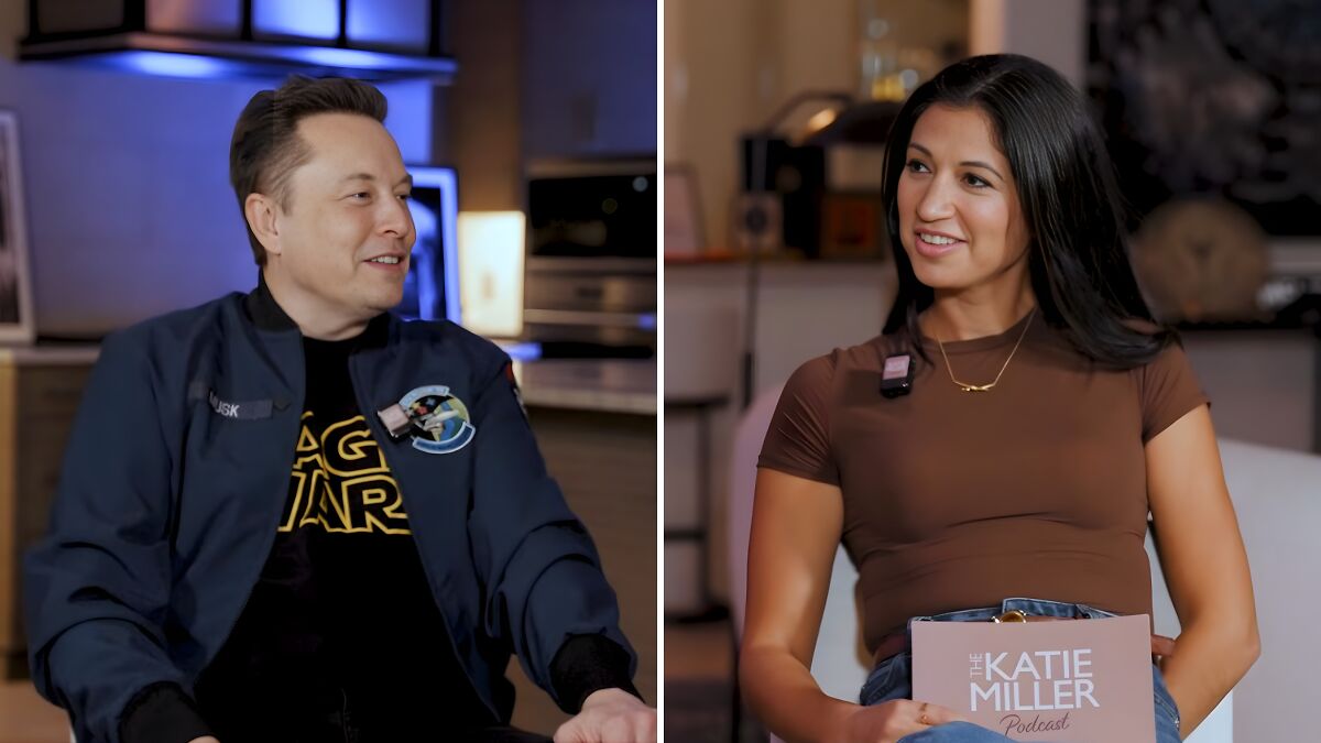 Elon Musk and Stephen Milleru2019s wife smiling during a podcast interview about working for Elon Musku2019s team.