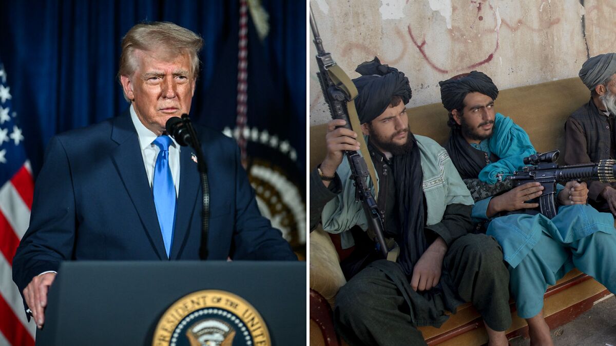 Donald Trump speaking at a podium with US flag, alongside armed Taliban fighters sitting on a bench with rifles.