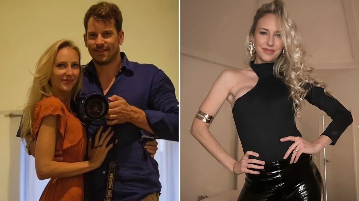 Couple posing for a photo with camera and Miss Switzerland finalist wife dressed in black modern outfit indoors