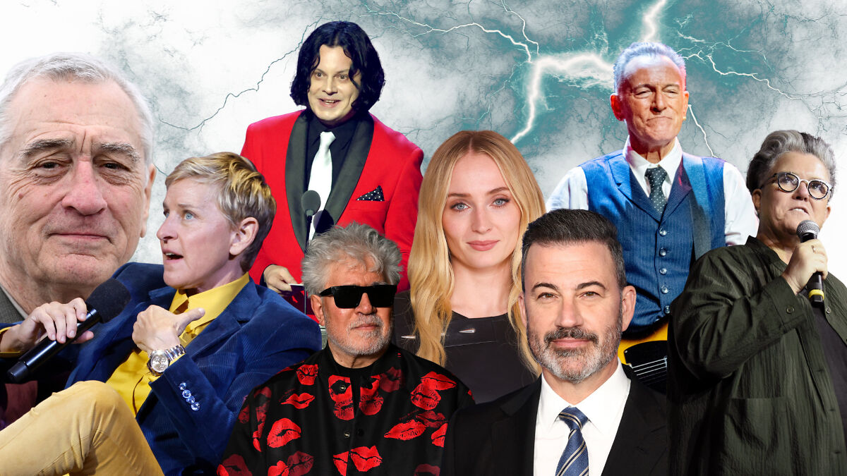 Collage of celebrities who slammed Donald Trump in 2025, featuring diverse public figures in various outfits and poses.