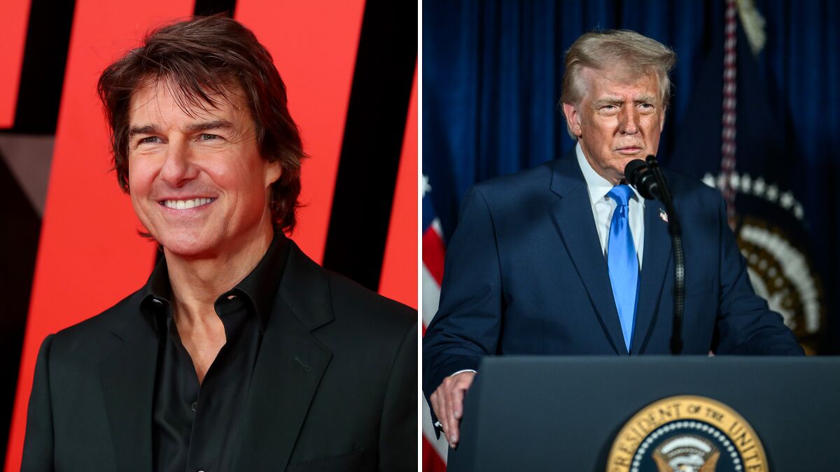 Tom Cruise smiling in black suit on red carpet beside Donald Trump speaking at presidential podium.