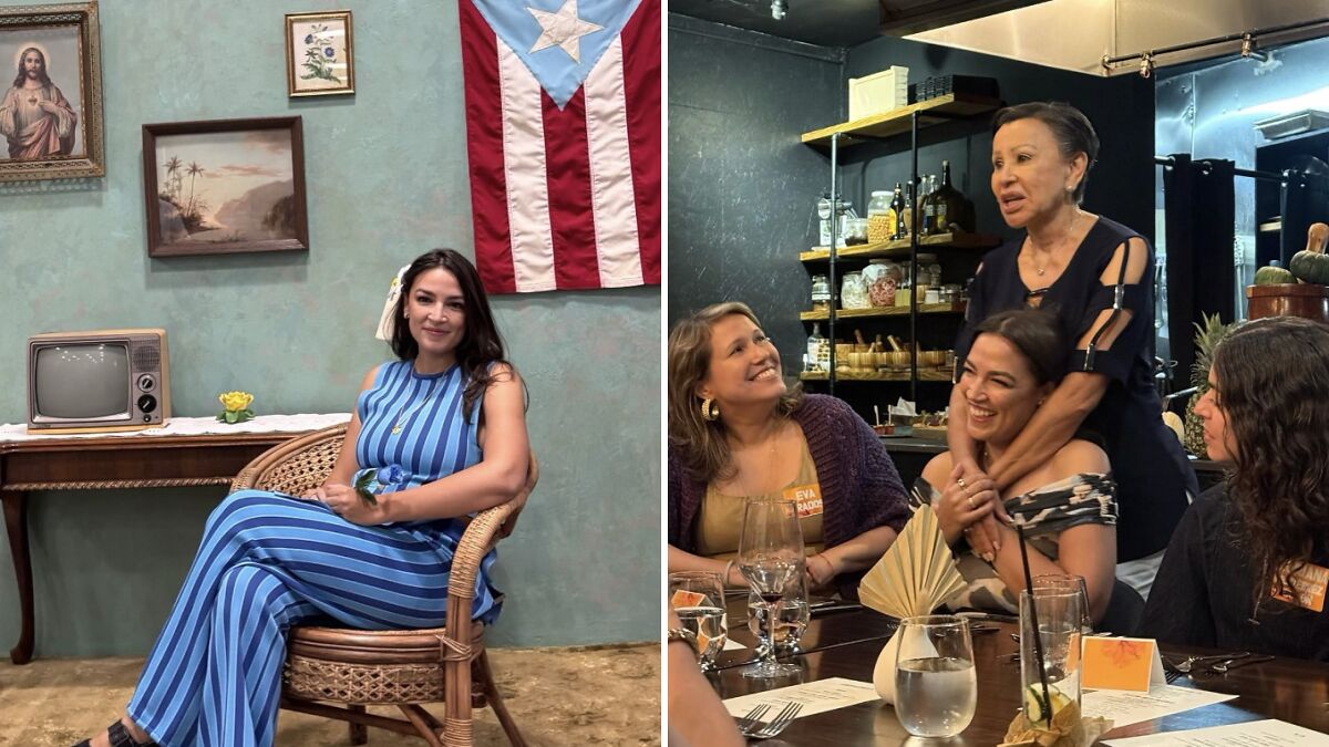 AOC sitting in a Puerto Rico venue with a flag and fine dining setting, highlighting luxury hotel and dining expenses.