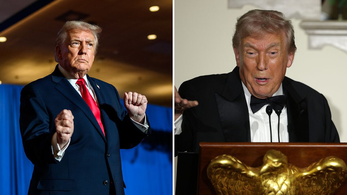 Donald Trump in a dark suit and red tie, and in a tuxedo speaking at a podium, signaling future political plans.