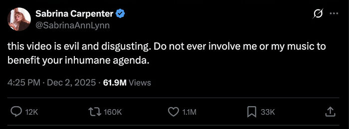 Twitter post by Sabrina Carpenter condemning ICE's use of her music in an anti-immigration video, calling it evil and disgusting.