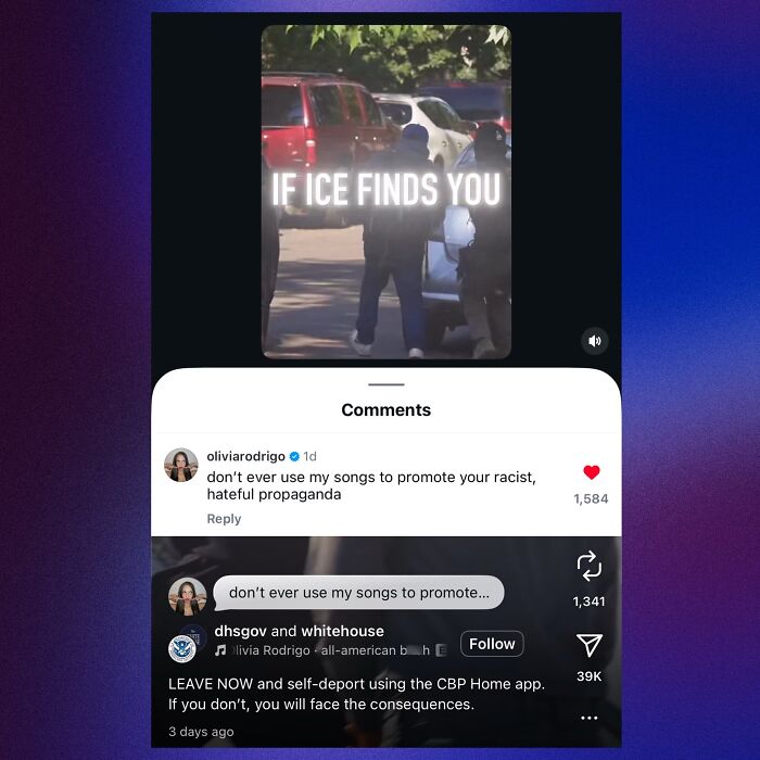 Anti-immigration video using Sabrina Carpenter’s song with her strong response against ICE’s actions visible in comments.