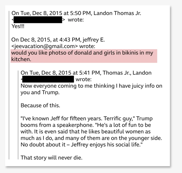 Email excerpt referencing a photo of Trump with bikini-clad women discussed in Epstein files before reversal.
