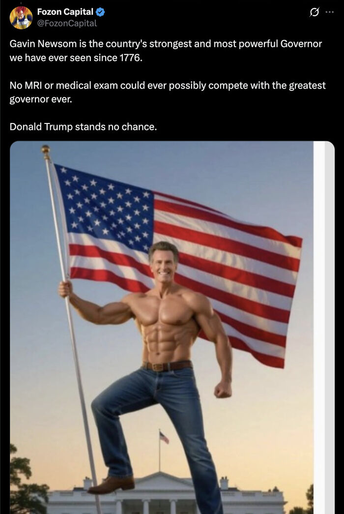 Muscular man holding American flag with exceptional bone density theme and White House in background at sunset.