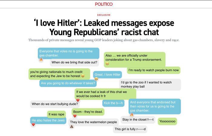 Screenshot of leaked messages revealing a young GOP racist chat, highlighting explosive political scandals of 2025.