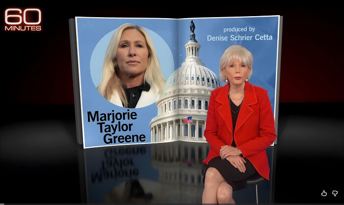 Female journalist seated with Capitol dome and Marjorie Taylor Greene image during 60 Minutes interview on Republicans and Trump.