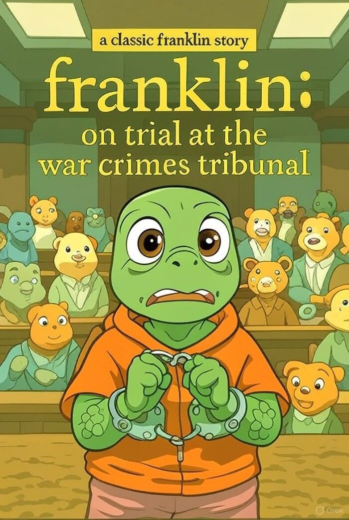 Animated turtle character in handcuffs at a war crimes tribunal, symbolizing consequences of boat strike scandal.