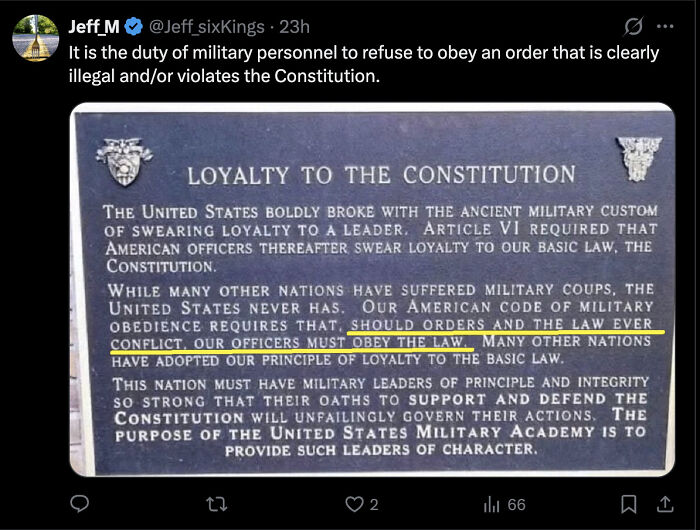 Tweet highlighting loyalty to the Constitution and refusal to obey illegal orders amid Trump’s disobey POTUS rant online.