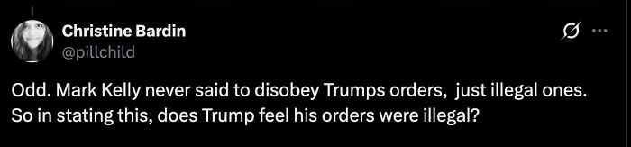Tweet from Christine Bardin questioning if Trump’s orders were illegal, sparking fierce reactions over disobey POTUS rant online.