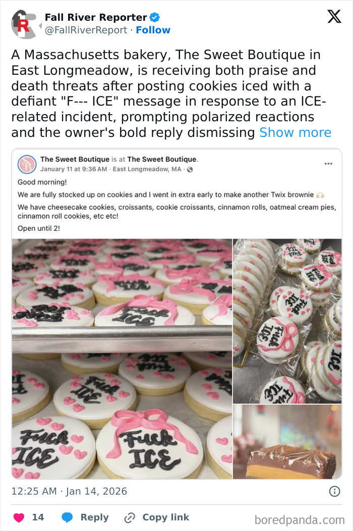Cookies iced with an anti-ICE message at a Massachusetts bakery sparking threats against the local bakery.