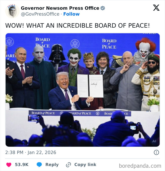 Trump holding a signed document at a board of peace event with various fictional and real characters behind him. Trump holding a signed document at a board of peace event with various fictional and real characters behind him.