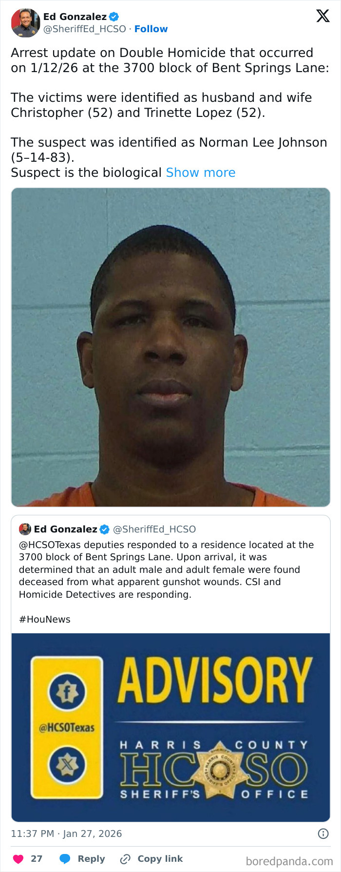 Mugshot of man suspected in Texas double homicide involving couple that adopted his 7-year-old daughter. Mugshot of man suspected in Texas double homicide involving couple that adopted his 7-year-old daughter.