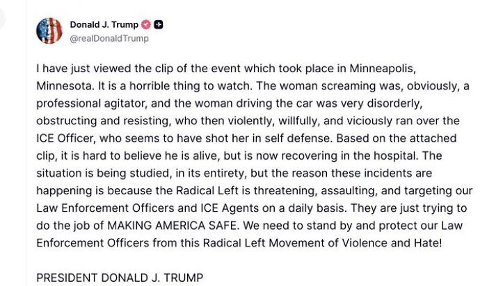 Screenshot of Donald Trump's tweet dismissing incident involving mom fatally shot by ICE, amid political controversy. Screenshot of Donald Trump's tweet dismissing incident involving mom fatally shot by ICE, amid political controversy.