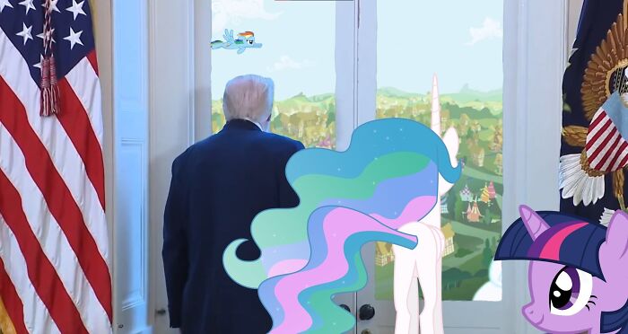 Former President Trump getting distracted and staring out a window with animated characters nearby in a meme-style image.