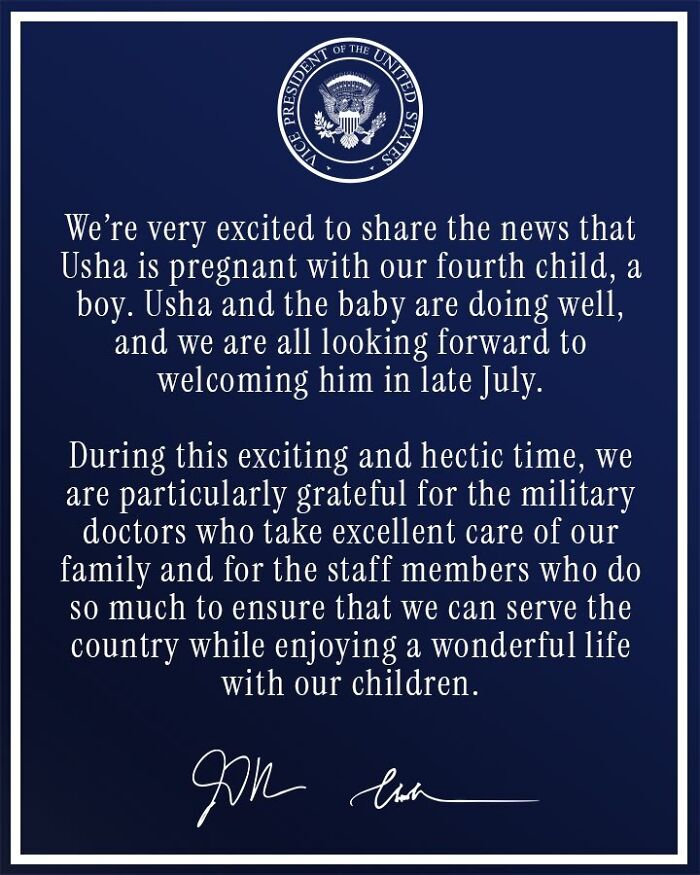 Pregnancy announcement for Usha Vance&rsquo;s fourth child, sharing excitement and gratitude during this special time.
