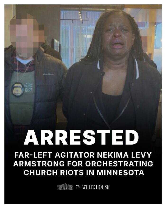 Woman identified as Minnesota church protester being arrested, with White House acknowledging sharing a modified image.