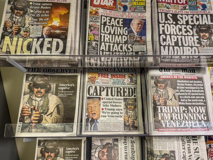 Newspapers with headlines on U.S. special forces capturing Maduro, highlighting reactions to the Maduro operation benefits.