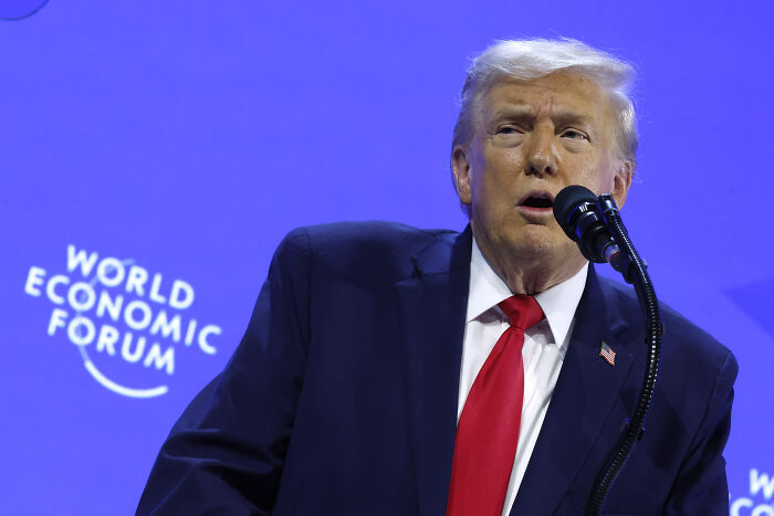 Donald Trump speaking at the World Economic Forum in Davos, addressing geographic issues during his speech. Donald Trump speaking at the World Economic Forum in Davos, addressing geographic issues during his speech.