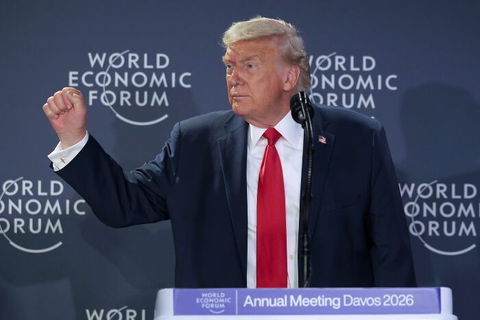 Donald Trump at the World Economic Forum podium during his Davos speech with several cringe moments highlighted. Donald Trump at the World Economic Forum podium during his Davos speech with several cringe moments highlighted.