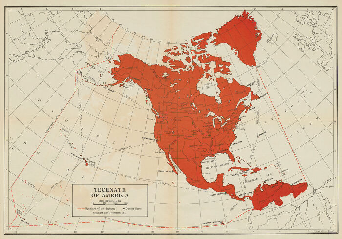 Vintage Technate of America map showing territory in red, related to Trump&rsquo;s anti-democracy agenda and historic radical plans.