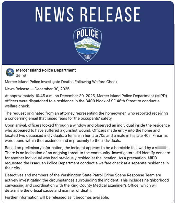 Police news release from Mercer Island PD about a family tragedy involving artist mom, 2 sons, and daughter-in-law found lifeless.