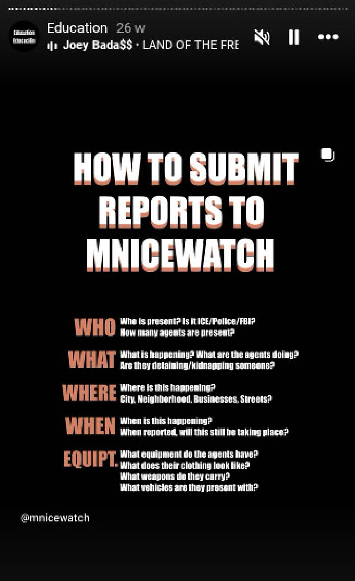 Instructions on how to submit reports to MNIICEWATCH to disrupt ICE raids shared for community safety. Instructions on how to submit reports to MNIICEWATCH to disrupt ICE raids shared for community safety.