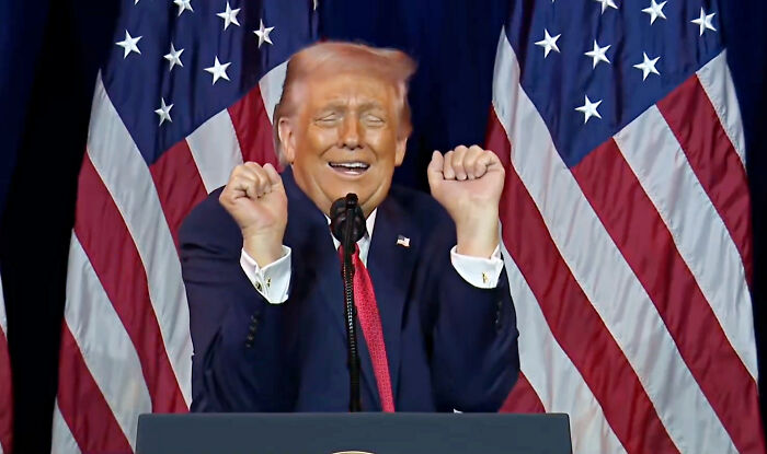 Donald Trump speaking at a podium with American flags behind, related to Chinese social media calling the video AI.