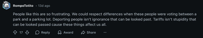Comment expressing frustration with Trump voter seeking advice after friends bail amid brutal backlash.