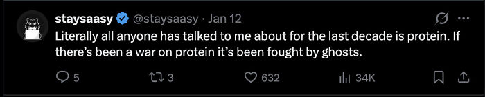 Screenshot of a tweet discussing protein and mentioning a metaphorical war on protein fought by ghosts.