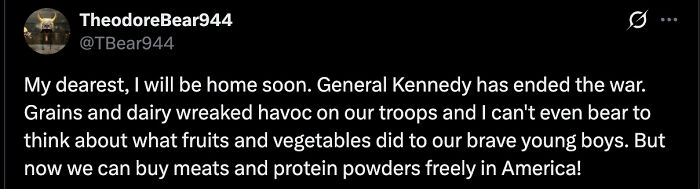 A tweet referencing the White House releasing a surprise war announcement about the war ending and its impacts.