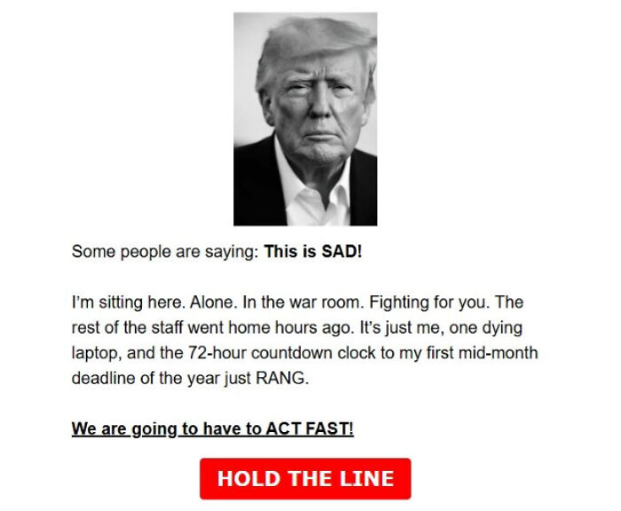 Black and white portrait of Trump above an urgent email urging supporters to stop MAGA from crumbling and act fast.