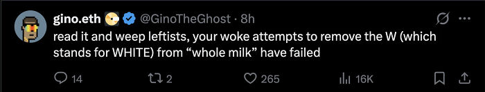 Screenshot of a social media post discussing the spelling of whole milk with reference to woke attempts and leftists.