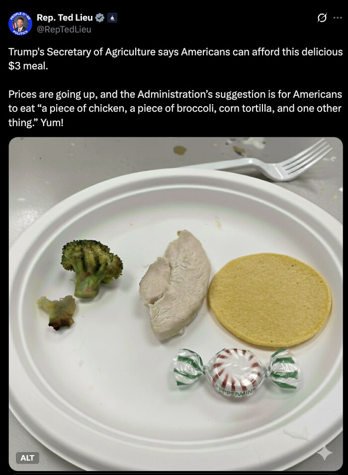 Plate with small portions of chicken, broccoli, corn tortilla, and peppermint candy illustrating Secretary of Agriculture $3 meal concept.