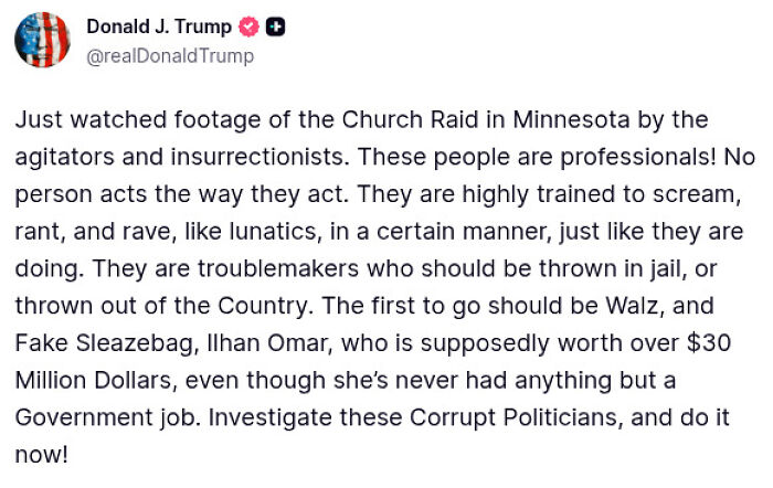 Tweet from Donald J. Trump condemning Minnesota church raid by demonstrators protesting ICE pastor.