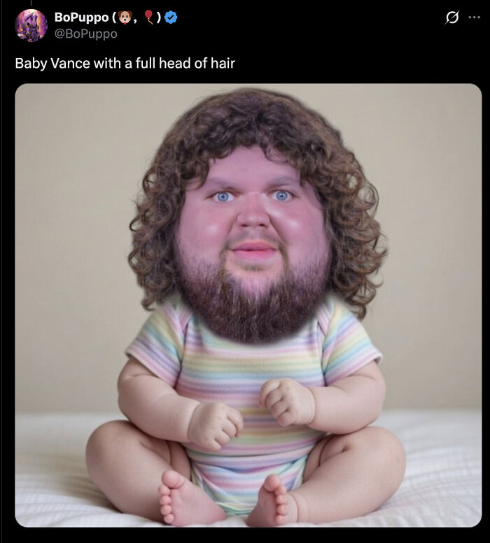 Baby with an adult man's face photoshopped, illustrating reactions to Usha Vance's fourth pregnancy announcement online.