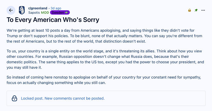 Reddit post from Greenland telling Americans to stop apologizing and focus on change instead of sympathy. Reddit post from Greenland telling Americans to stop apologizing and focus on change instead of sympathy.