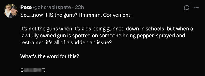 Tweet showing a critical reaction related to guns, reflecting public discourse on Trump&rsquo;s response to Alex Pretti shooting.